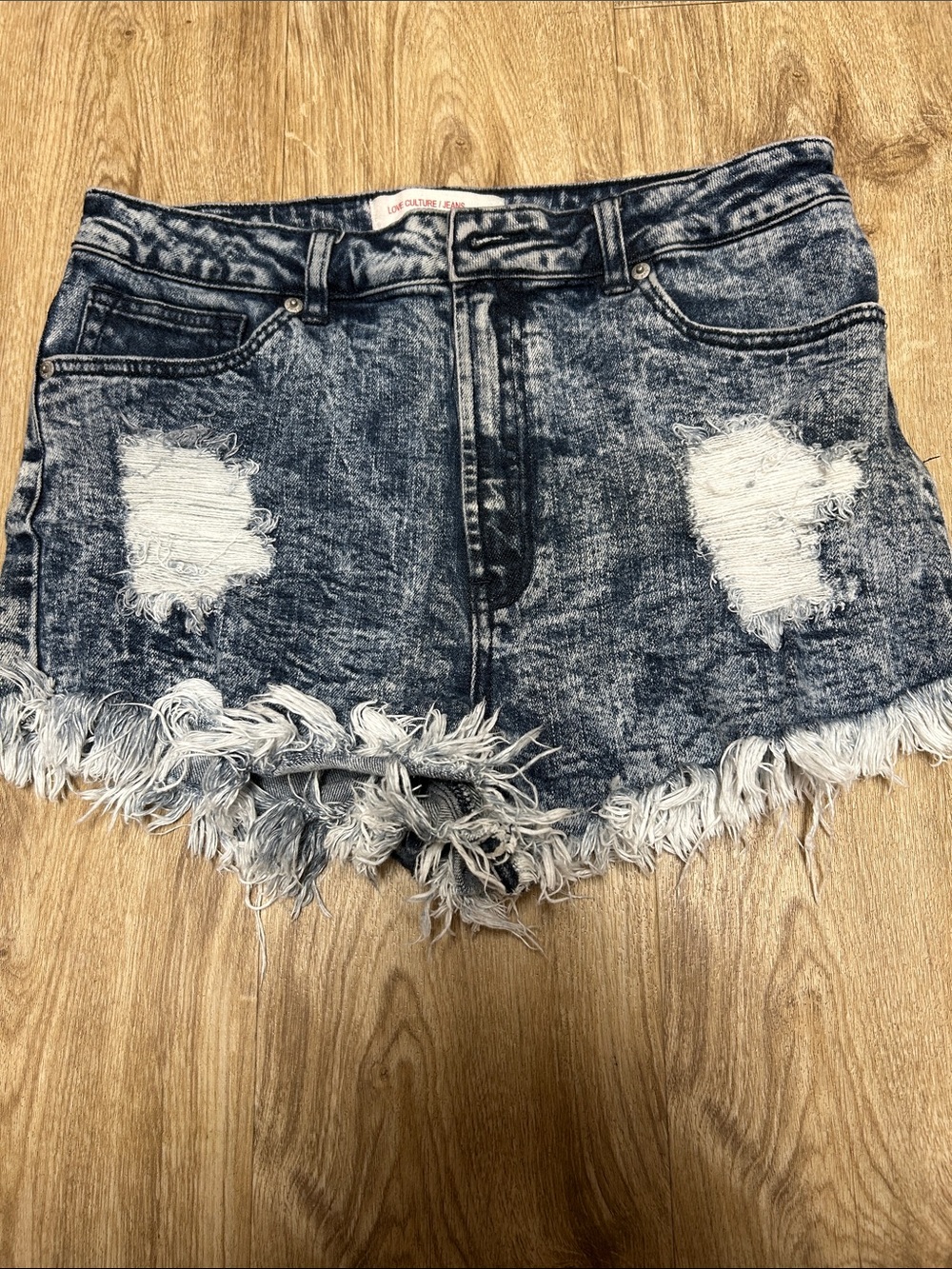 Love Culture Acid Wash Distressed Jean Shorts - Blue/White